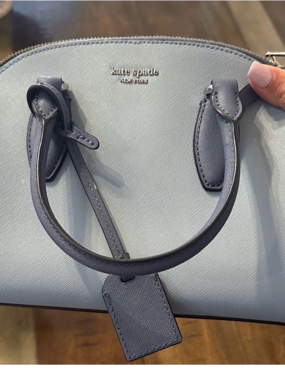 Kate Spade Reiley Medium Dome Blue Saffiano Leather Satchel with Navy Trim